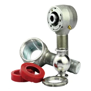 ExplodedViewofaRebuildableHeimJoint SYZ Rod Ends Exploded view of a rebuildable heim joint showing separated components including housing, spherical bearing, liner, snap ring, and dust shield