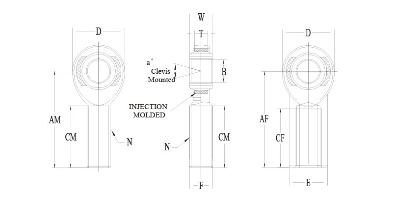 MXM MXF heavy duty injection molded metric heim joint drawing