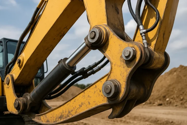 heavy equipment excavator boom and arm joint SYZ Rod Ends Excavator boom and arm assembly showing precision mechanical joints.