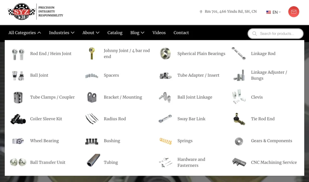 product categories mega menu SYZ Rod Ends