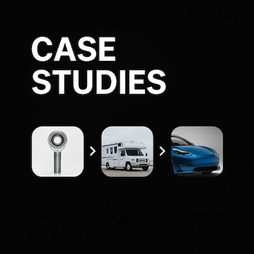 heim joint case study rv sports car SYZ Rod Ends Case studies graphic showing a heim joint, an RV, and a high-performance electric sports car, representing real-world applications of rod ends.