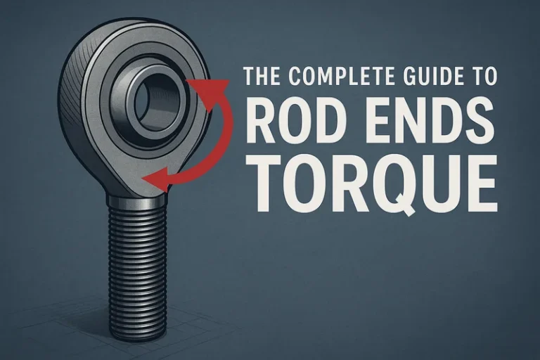 rod ends torque blog cover SYZ Rod Ends Technical blog cover image showing a rod end bearing with a red torque arrow and the title The Complete Guide to Rod Ends Torque