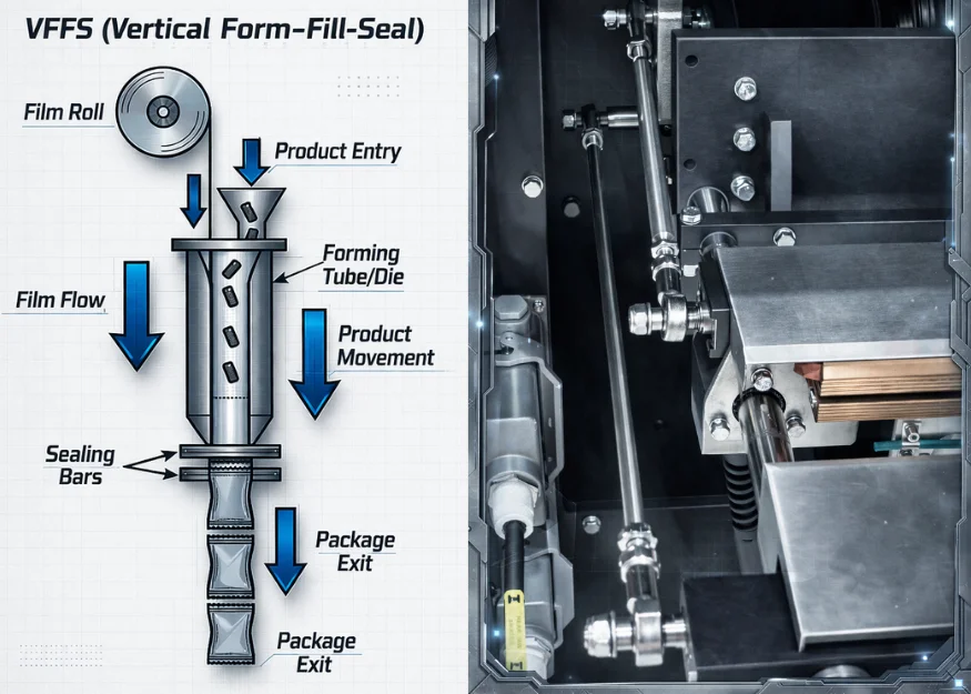 VFFS machine structure and sealing bar linkage with rod ends