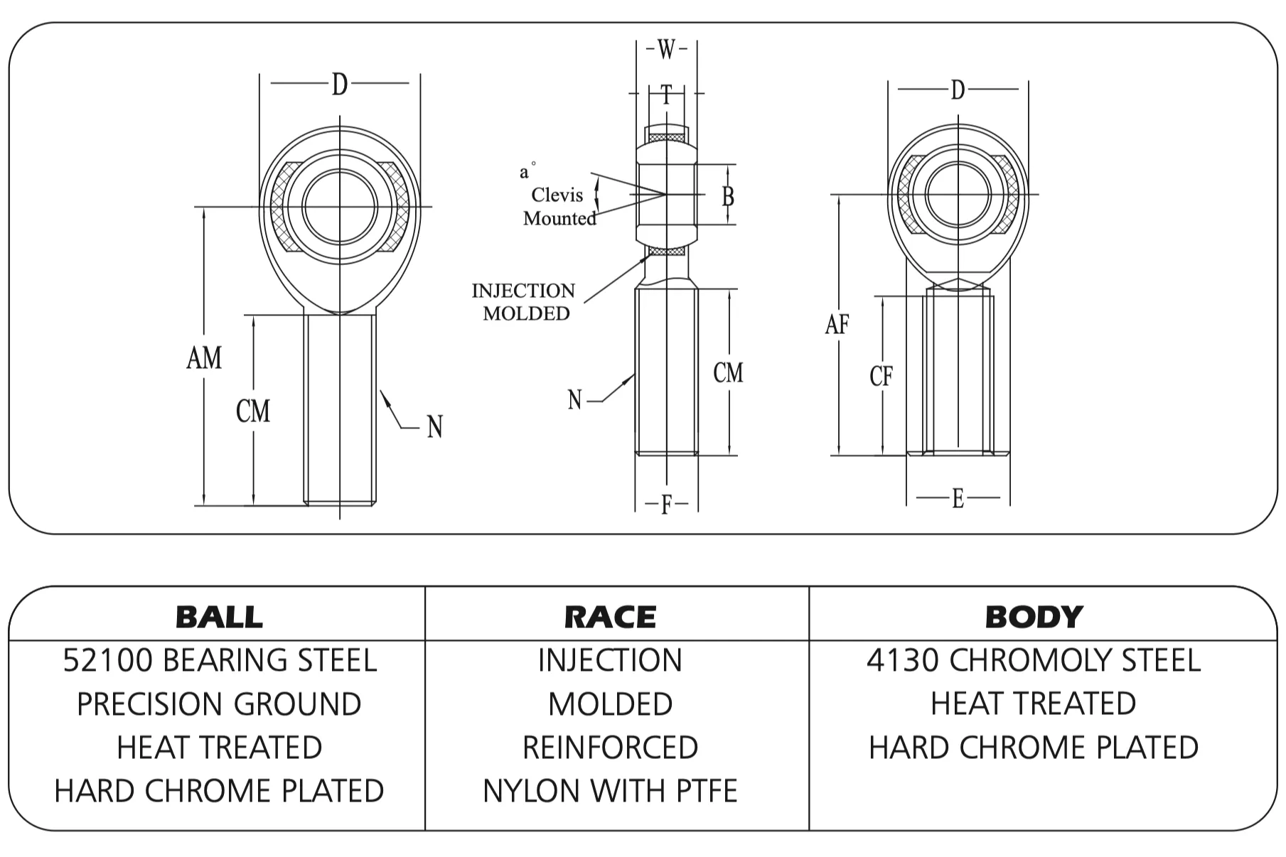 XM XF series rod end technical drawing