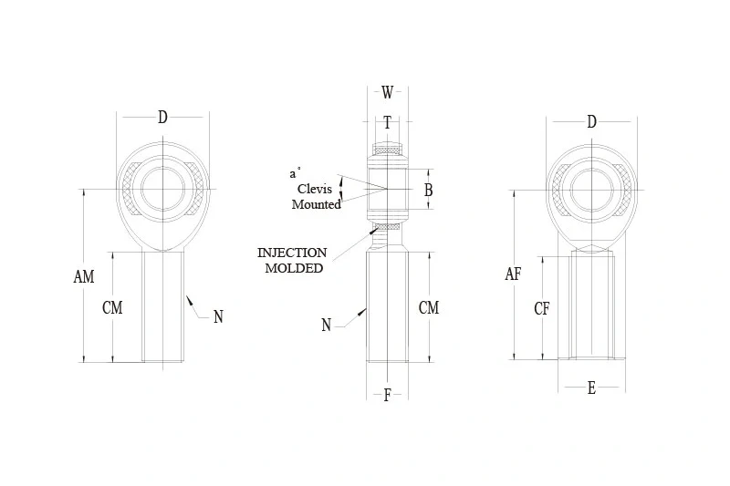 EXM EXF injection molded heim joint technical drawing