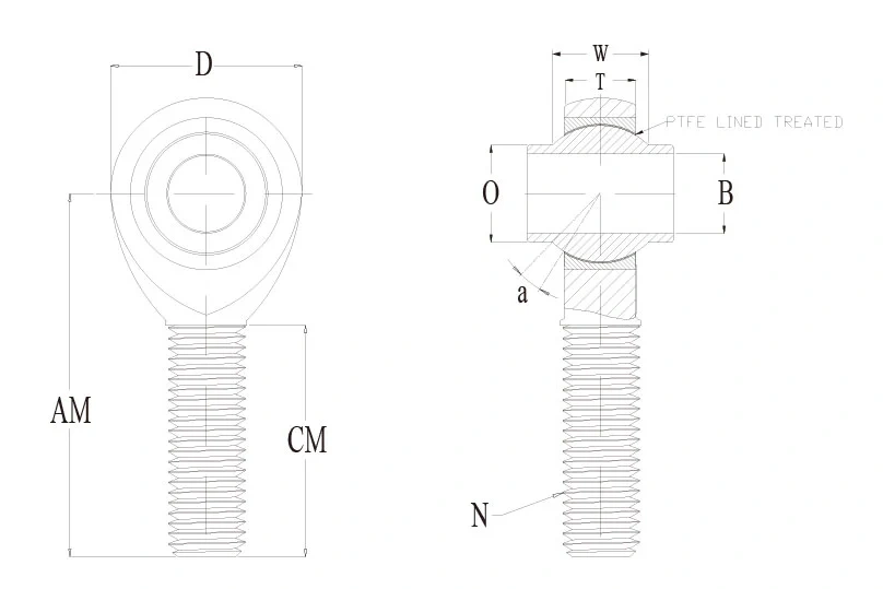 HJMX T high misalignment rod end technical drawing