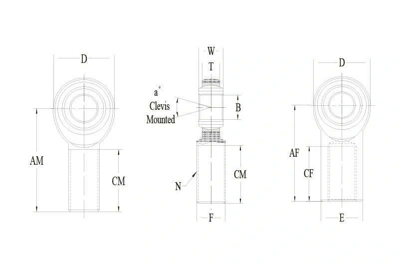 JM T JF T 3-piece rod end technical drawing