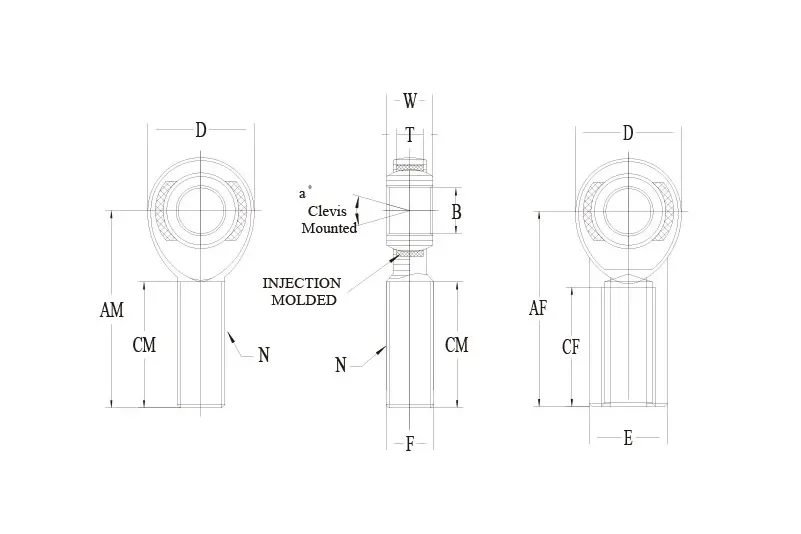 MXM MXF series metric rod end technical drawing