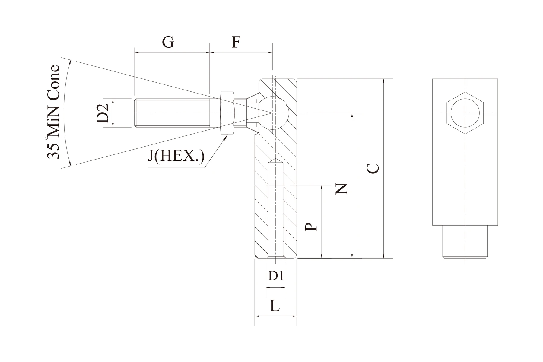 ES series inch small ball joint technical drawing