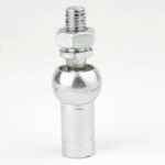 Metal ball joint stud with hex nut and threaded top against a white background