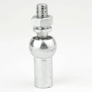 Metal ball-joint stud with threaded top and hex nut, showing a shiny chrome finish.