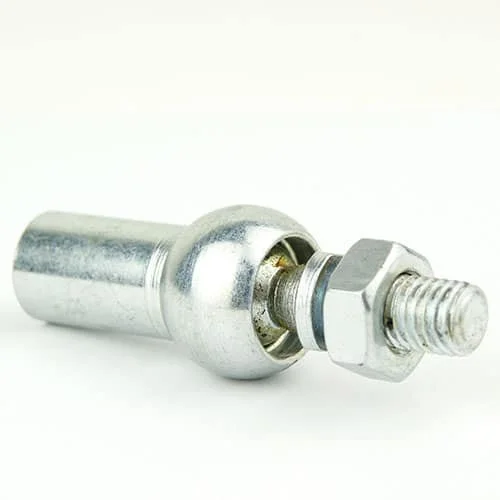 Chrome metal bolt and hex nut assembly with a cylindrical housing on a white background